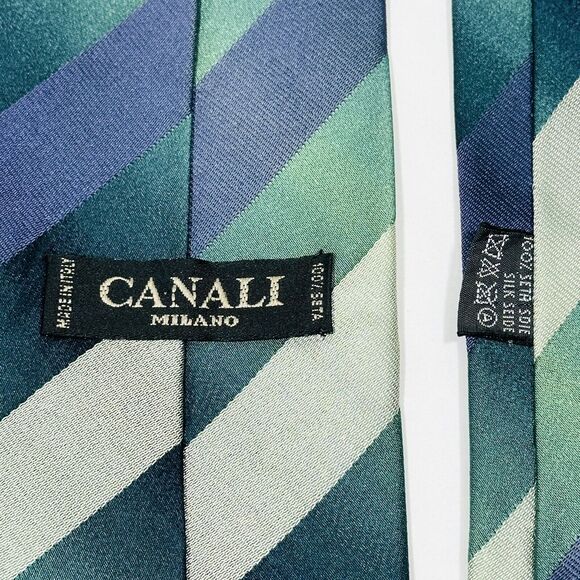CANALI Necktie Tie Silk Blue Green Tan Stripe Italy EUC - Picture 4 of 8
